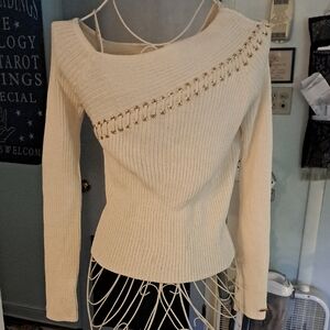 Vintage St. John Sport Off-Shoulder Cream Sweater With Lace Up Detail, M